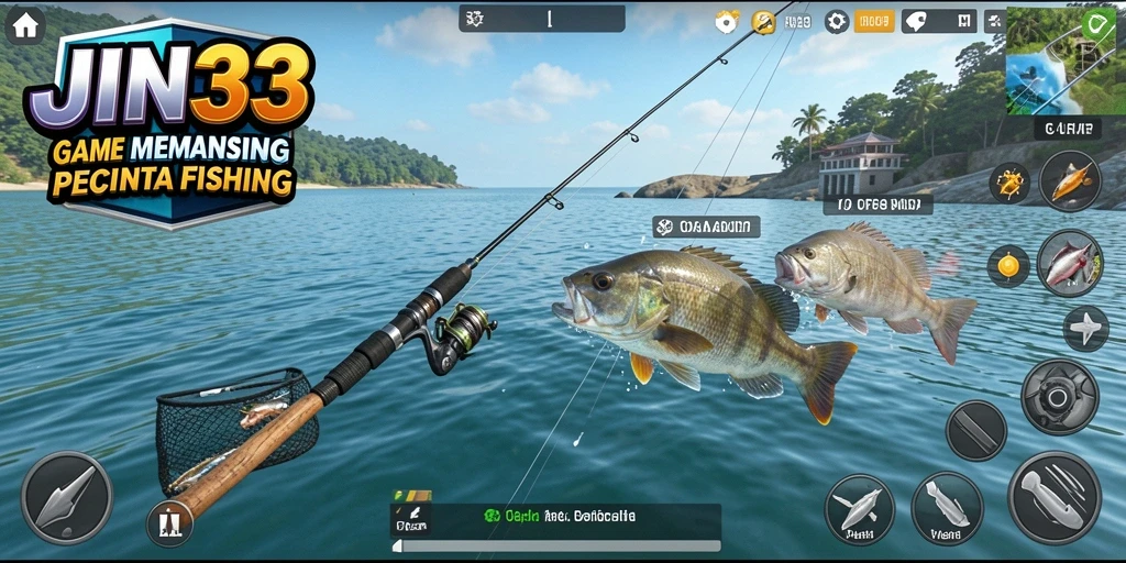 Tampilan gameplay JIN33 yang menampilkan aksi memancing yang menjelajahi lokasi indah.