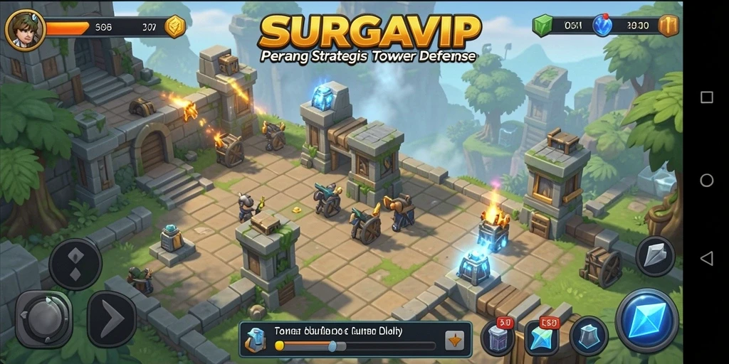 Gameplay menarik dalam SURGAVIP, menunjukkan serangan strategis menara.
